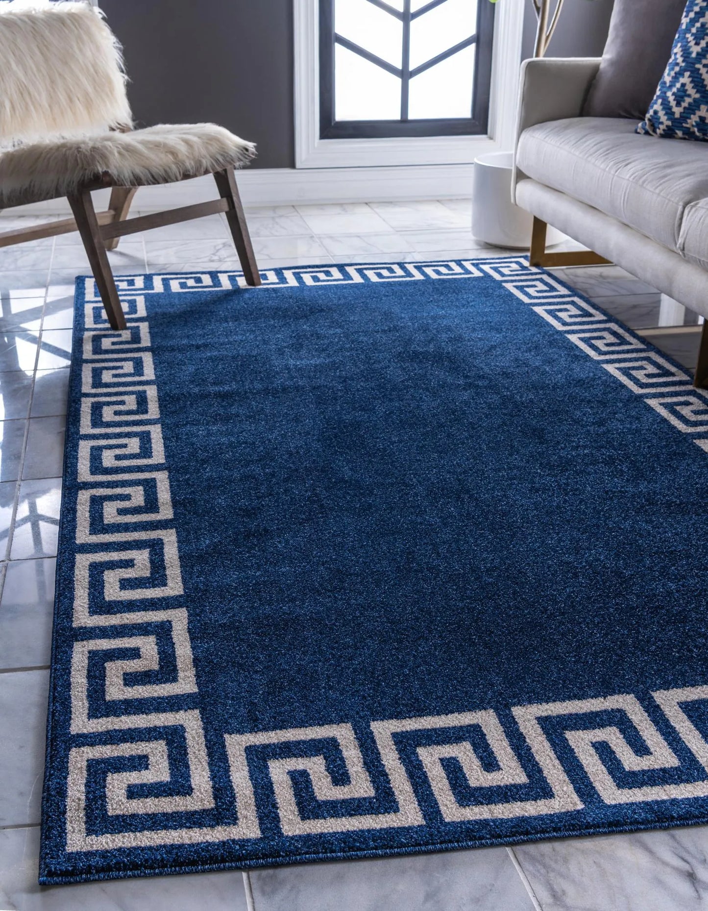 Navy and Ivory Boarder Rug 6 x 8