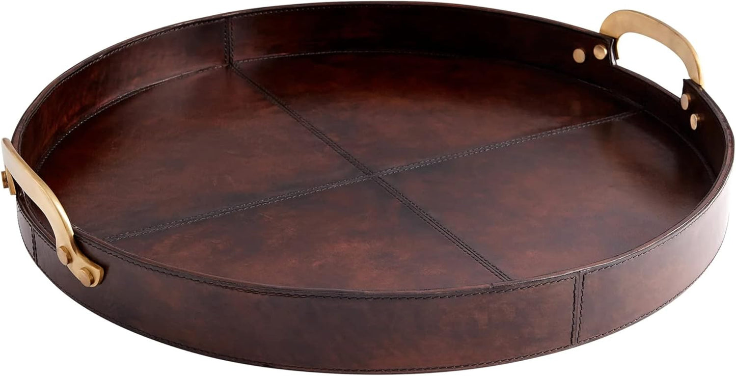 Brown Leather Tray with Gold Handle