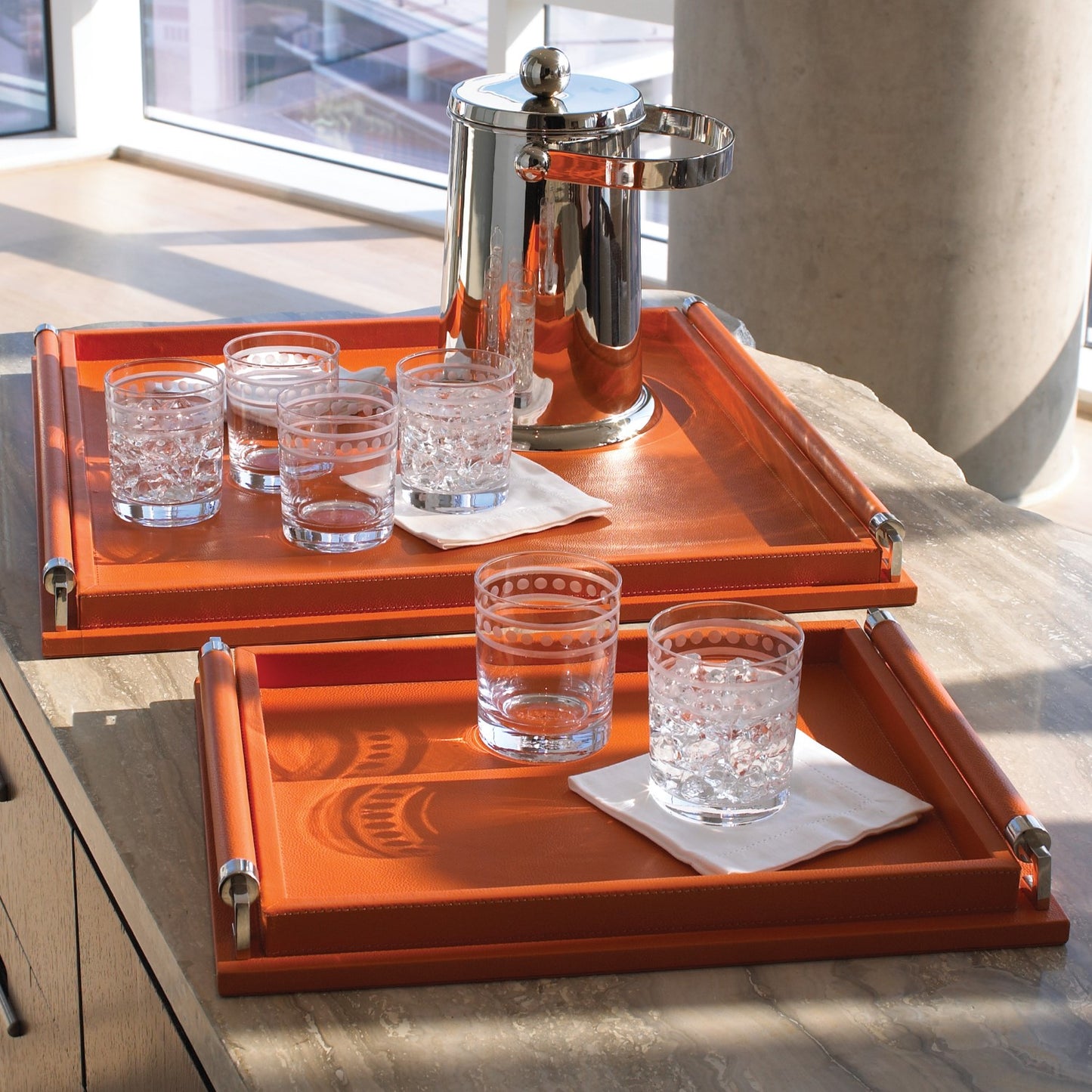 Wrapped Handle Tray-Coral Leather-Small
